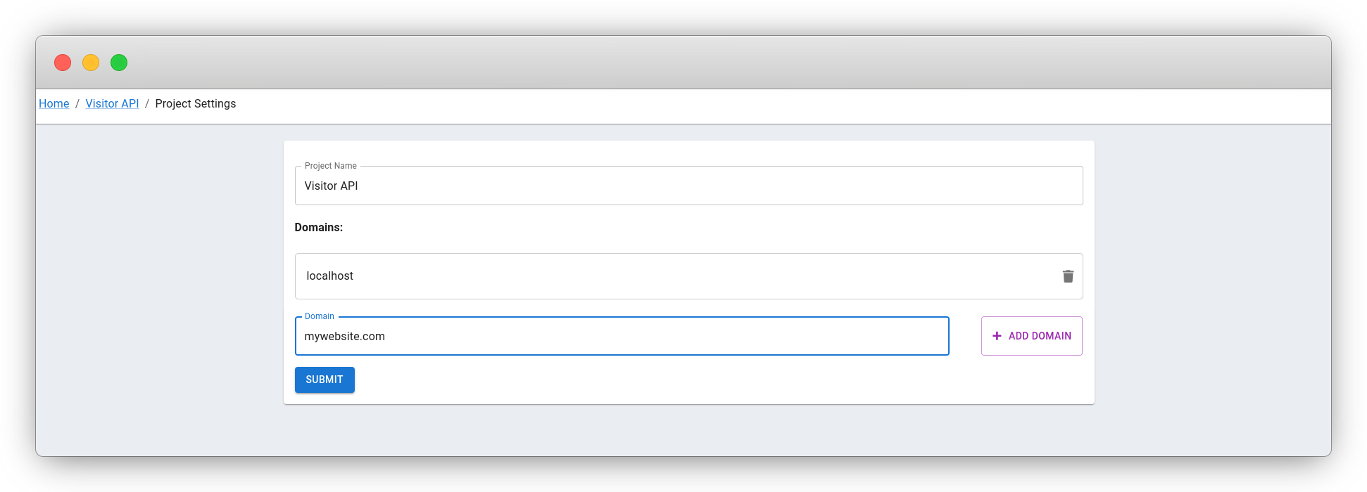 Update Project Settings - Add Domain